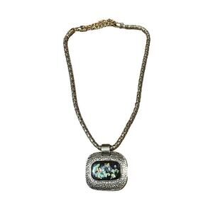 Vintage Hammered Silver Art Glass Pendant On Snake Chain Unique Lagenlook Artsy